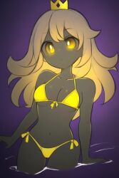 :o ai_generated bikini blonde_hair breasts crown five_nights_at_freddy's five_nights_at_freddy's:_security_breach glowing_eyes in_water messy_hair ocean pixai princess princess_quest_(fnaf) purple_sky swimsuit water yellow_bikini yellow_eyes