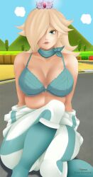 1girls blonde_hair blue_bra bow bow_bra bra breasts cleavage clothes_pull crown female female_only hair_covering_eye looking_at_viewer mario_(series) mario_kart nidavellirstudios outdoors princess_rosalina silver_crown solo solo_female solo_focus tracksuit