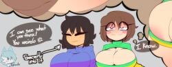 2girls big_breasts boob_window casual casual_nudity chara clothed cropped deltarune female female_chara female_frisk female_only frisk gardegu huge_breasts no_bra teasing undertale