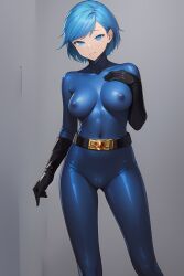 1girls ai_generated blue_bodysuit blue_latex bodysuit cameltoe clothing female female_only latex latex_clothing latex_suit png solo standing tomboy zofa_soldier