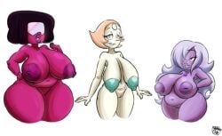 3girls amethyst_(steven_universe) areolae big_breasts cartoon_network chubby garnet_(steven_universe) gem_(species) maikyoh multiple_girls naked pearl_(steven_universe) purple_skin pussy sagging_breasts steven_universe thick_thighs white_skin