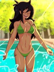 1girls amphibia amphibia_(finale) arms_spread asian asian_female bikini breasts closed_eyes dark_hair ear_piercing female female_only fit_female green_bikini long_hair marcy_wu pool poolside sly_(artist) smiling solo solo_female taiwanese tummy water watermark