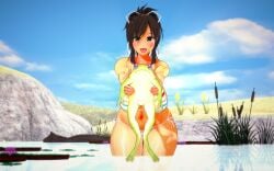 3d asuka_(senran_kagura) big_breasts frog happy holding_animal koikatsu looking_at_viewer outside plants senran_kagura smile spidey-dude spring thick_thighs voluptuous voluptuous_female water