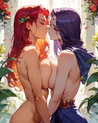 2girls ai_generated alien_humanoid bazoombasakimbo big_breasts dc_comics female_only head_jewelry imminent_kiss long_hair nude_female pale-skinned_female partially_clothed_female purple_hair rachel_roth raven_(dc) starfire superheroine symmetrical_docking teen_titans topless yuri