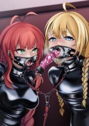 2females 2girls after_deepthroat after_irrumatio after_oral blonde_hair blue_eyes blush bondage bound bound_together cock_gag collar connected_collars deepthroat_gag deepthroat_training dildo dildo_gag dildo_plug_gag dildogag dove_(abc) drolling forced_oral forced_yuri gag gagged green_eyes latex latex_clothing latex_suit leash lezsub long_hair metal_collar million_(abc) open_mouth open_mouth_gag penis_gag pink_dildo plug_gag red_hair red_leash ring_gag sex_slave slave slave_training steaming_breath sub submissive submissive_female sweat sweatdrop tongue tongue_out twintails unplugged yuri