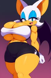 abs ai_generated anthro bat bat_wings black_shorts blue_eyeshadow bursting_breasts eyelashes fake_breasts gradient_background gym_uniform hand_on_breast huge_breasts leaning_back looking_at_viewer muscular muscular_female open_mouth rouge_the_bat simple_background smile solo solo_female solo_focus sonic_(series) sonic_the_hedgehog_(series) sportswear stretched_clothing teal_eyes thick_thighs tubetop tummy virtuai white_gloves