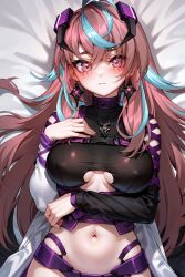 ai_generated emikukis huge_breasts multicolored_hair nude on_bed ricochetk virtual_youtuber vtuber wide_hips