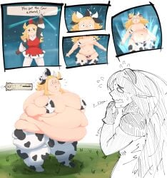 2021 2girls agnes_oblige bbw belly belly_expansion blonde_hair bravely_default bravely_default:_flying_fairy bravely_default_(series) breast_expansion breasts comic cow_horns cow_print cow_print_armwear cow_print_bikini cow_print_thighhighs edea_lee english english_text expansion fat fat_arms fat_thighs female female_focus female_only hi_res high_resolution highres hip_expansion hips horns huge_belly huge_breasts huge_thighs obese obese_female overflowing_breasts overweight overweight_female sweat sweatdrop takamoom text thick_thighs thigh_expansion thighs weight_gain wide_hips