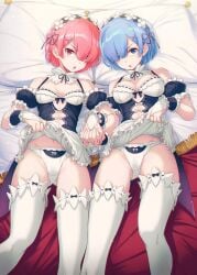 2d 2girls 40hara angry bangs bed bedsheets blue_eyes blue_hair breasts disgusted disgusted_look exposed_panties feet_out_of_frame female female_only fully_clothed hair_ornament hair_over_one_eye handholding holding_hands lifted_by_self maid maid_headdress maid_uniform matching_hair/eyes multiple_girls on_bed panties pink_eyes pink_hair ram_(re:zero) re:zero_kara_hajimeru_isekai_seikatsu rem_(re:zero) roswaal_mansion_maid_uniform short_hair showing_panties sisters skirt_lift small_breasts stockings thighhighs twins underskirt uniform white_panties white_thighhighs x_hair_ornament