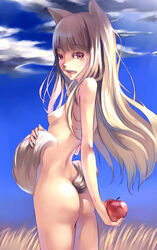 1girls animal_ears apple apples ass blonde_hair breasts completely_nude completely_nude_female flat_chest food fruit holding holding_apple holding_fruit holo long_hair mikage_sekizai nonsexual_nudity nude nude_female nudist outdoors outside sideboob spice_and_wolf tail wolf_ears