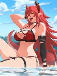 1girls 2d 2d_(artwork) animal_tail armpits belly_button big_breasts bikini cleavage clouds day female female_focus female_only front_view high_resolution highres horns hourglass_figure huge_breasts jolsune light-skinned_female light_skin long_hair looking_at_viewer mature mature_female one_arm_behind_head open_mouth outdoors pointy_ears red_bikini red_hair red_horns sitting sitting_on_floor sky solo solo_female suggestive suggestive_look summer swimsuit thong thong_bikini tongue tongue_out two_piece_swimsuit virtual_youtuber voluptuous voluptuous_female vshojo vtuber vtuberfanart water wet wet_body yellow_eyes zentreya