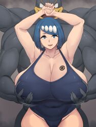 1girls 1pokemon 4_arms alternate_breast_size blue_eyes blue_hair breasts female game_freak grey_skin hi_res huge_breasts interspecies lana's_mother_(pokemon) light-skinned_female light_skin long_hair machamp massive_breasts mature_female metal_owl milf mother multi_arm multi_limb naughty_face nintendo pokemon pokemon_(species) pokemon_sm pokephilia thick_thighs thighs venus_body voluptuous wide_hips