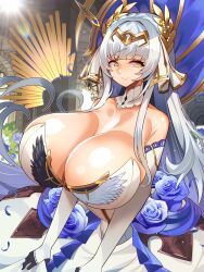 1girls blank_eyes blind blind_princess blindfold_removed empty_eyes facing_viewer gigantic_breasts last_origin round_breasts slim slim_waist smile top_heavy white_hair