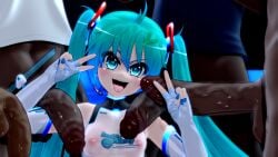 1girls 3d 4boys dark-skinned_male dark_skin female hatsune_miku heart-shaped_pupils mantis_x open_mouth penis small_breasts tagme v_sign vocaloid