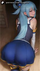 ai_generated all_fours aqua_(konosuba) ass ass_focus blue_hair clothed from_behind indoors kono_subarashii_sekai_ni_shukufuku_wo! looking_back naughty_face skirt thighhighs trugprz