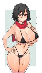 1girls attack_on_titan bikini black_eyes black_hair breasts female female_only high_resolution kuromaruart large_breasts light-skinned_female light_skin looking_at_viewer mikasa_ackerman scarf shingeki_no_kyojin solo sweat swimsuit thighs wide_hips