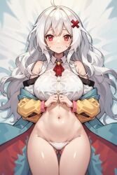 ahoge ai_generated erispheria hair_ornament headband huge_breasts long_hair nude on_bed ricochetk virtual_youtuber vtuber white_hair wide_hips