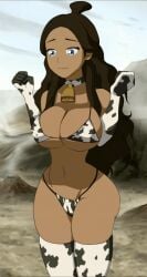 1girls alternate_breast_size animated avatar_legends avatar_the_last_airbender bikini black_hair blue_eyes bouncing_breasts breasts cow_girl cow_print cowbell dark-skinned_female female female_only human katara nickelodeon solo water_tribe