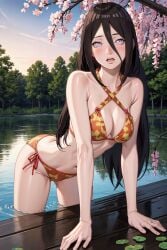 1girls after_swimming ai_generated ai_hands bikini blank_eye blush blush_lines boruto:_naruto_next_generations cherry_blossoms dark_hair female female_only floral_bikini floral_print forest front_view hair half_submerged hyuuga_hanabi lake light-skinned_female light_purple_eyes light_skin lilac_eyes long_hair lotus_flower naruto naruto_(series) nature nature_background nose omegatest open_mouth orange_bikini outdoors outside pond shy side-tie_bikini solo stable_diffusion submerged_legs tree upper_body water white_sclera yellow_bikini