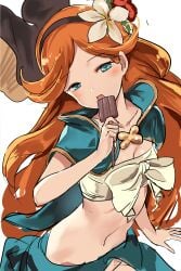 10s blue_eyes blush cape commentary_request female flower granblue_fantasy hair_flower hair_ornament hairband highres long_hair looking_at_viewer navel open_mouth orange_hair popsicle sara_(granblue_fantasy) solo strapless tube_top very_long_hair yamacchi