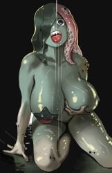 barnacles big_breasts black_background drool drooling eye_covered glistening glistening_body green_body green_skin holding_breast huge_breasts large_breasts looking_at_viewer mmmikedaya monster_girl naked narisokonai_(mmmikedaya) nipple oc original_character pasties seaweed seaweed_on_head sharp_teeth simple_background starfish_pasties tagme tentacle_hair tongue_out