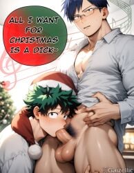 2boys abs adams_apple ai_generated balls bangs bara big_balls blowjob blue_hair blush boku_no_hero_academia bottomless bush bushy_pubes christmas christmas_tree cleavage collared_shirt deku english_text erection fellatio freckles gaizellic gay glasses green_eyes green_hair hat izuku_midoriya large_pectorals looking_at_viewer male male/male male_focus male_only male_pubic_hair merry_christmas midoriya_izuku multiple_boys muscular muscular_male my_hero_academia naked_shirt oral partially_unbuttoned pectoral_cleavage pectorals penis pubic_hair santa_costume santa_hat shirt short_hair speech_bubble sucking sucking_penis tenya_iida testicles thick_thighs thighs uncensored white_shirt yaoi