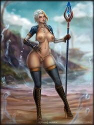 1girls big_breasts blizzard_entertainment blonde_hair female female_only high_heels jaina_proudmoore light-skinned_female light_skin multicolored_hair nipple_piercing piercing solo thick_thighs vempire voluptuous voluptuous_female warcraft white_hair wide_hips world_of_warcraft