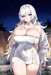 1girls ai_generated azur_lane breasts cleavage eyebrows_visible_through_hair female female_only gooner4lt green_hair huge_breasts large_breasts light-skinned_female light_skin night onsen sardegna_empire_(azur_lane) solo towel towel_only vittorio_veneto_(azur_lane) water white_hair