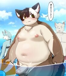 2024 absurd_res anthro balls belly big_belly bottomwear brown_body canid canine canis clothing cloud detailed_background domestic_dog genitals grey_body group hi_res humanoid_genitalia humanoid_hands humanoid_penis japanese_text kemono male mammal moobs navel nipples outside overweight overweight_male partially_submerged partially_underwater_shot penis procyonid raccoon shorts ssu_open swimwear text underwater water