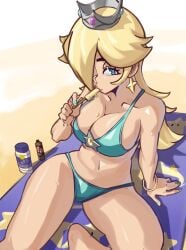 1girls 2020s 2024 bangle beach beach_towel big_breasts bikini blonde_hair blue_bikini blue_eyes blue_nails bracelet breasts cleavage collarbone crown earrings eyelashes female female_only hair_over_one_eye jewelry lips long_hair looking_at_viewer mario_(series) moxydrawsmore nail_polish nintendo outdoors popsicle princess_rosalina sand shiny_skin sitting solo star_earrings sweat swimwear thighs wide_hips