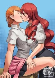 2024 2girls digital_media_(artwork) female female/female female_focus female_only french_kiss hand_on_thigh head_grab hi_res holding_head kissing lesbian_kiss lesbians lipstick_smear making_out mitsuru_kirijo multiple_girls orange_hair persona persona_3 razillon red_hair school_uniform signature skirt smeared_lipstick smeared_makeup thigh_squeeze thighs twitter_username yukari_takeba yuri yuri_kiss