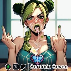 1:1 1girls 2d after_fellatio after_oral ai_generated big_breasts breasts clothed clothed_female covered_in_cum cum cum_covered cum_in_mouth cum_inside cum_on_breasts cum_on_face double_middle_finger facial female female_only green_eyes green_hair green_lips green_lipstick jojo's_bizarre_adventure jojo_no_kimyou_na_bouken jolyne_kujo lipstick looking_at_viewer middle_finger seramic_seven solo solo_female solo_focus stone_ocean
