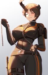 1girls 5_fingers armor big_breasts blush bodysuit brown_hair chains closed_eyes clothing erect_nipples female library_of_ruina png project_moon rudolph_(library_of_ruina) rule_63 sheath short_hair standing thick_thighs