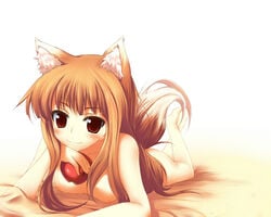 1girls animal_ears apple apples beauty_love blush brown_hair food fruit holding holding_apple holding_fruit holo long_hair lying nipples nude red_eyes small_breasts spice_and_wolf tail wolf_ears