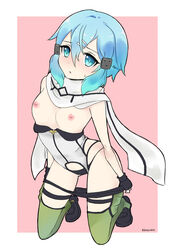 aqua_eyes aqua_hair asada_shino black_panties blush breasts chaps female gun_gale_online hairclip kaetzchen kneeling looking_at_viewer nipples panties scarf short_hair shorts shorts_pull sinon small_breasts solo sweat sword_art_online sword_art_online:_phantom_bullet thighhighs topless underwear undressing