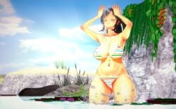 3d asuka_(senran_kagura) bathing big_breasts hourglass_figure in_water koikatsu senran_kagura spidey-dude splashing spring swimsuit thick_thighs voluptuous voluptuous_female water water_splash