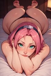 1girls ai_generated big_ass female female_only headband huge_ass konohagakure_symbol looking_at_viewer naruto naruto_shippuden panties pink_hair pouty_lips sakura_haruno scarebroart