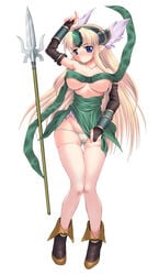 blue_eyes breasts cameltoe elbow_gloves gloves head_wings headwings helmet highres long_hair lowleg lowleg_panties lying panties pointy_ears polearm riesz seiken_densetsu seiken_densetsu_3 small_waist spear thigh_gap thighhighs thighs underwear utsugi_tsuguha weapon winged_helmet