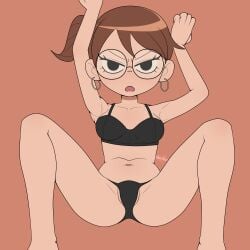 1girls armpits arms_up black_bra black_eyes black_panties black_underwear bra brown_hair earrings emberbaye female glasses hoop_earrings julie_powers looking_at_viewer panties ponytail scott_pilgrim short_hair solo solo_female spread_legs underwear