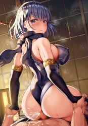 ass assjob bare_shoulders belko blue_hair blush breasts buttjob censored censored_penis cum cumshot ejaculation ejaculation_between_cheeks gloved_hands gloves handholding high_resolution highres hips looking_back mosaic_censoring ninja ninja_outfit original original_character penis reverse_cowgirl_position semen short_hair thick_thighs thighs waist