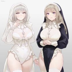 2girls black_dress blue_eyes breasts chowbie cross_necklace dress grey_hair large_breasts leotard leotard_under_clothes long_hair looking_at_viewer necklace nun nun&#039;s_habit nun_outfit original purple_eyes thighhighs white_leotard