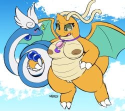 2023 3_claws 3_fingers 3_toes absurd_res ambiguous_gender antennae_(anatomy) anthro areola arm_grab bar_emanata belly biped blue_body blush blush_lines bodily_fluids breasts claws closed_eyes cloud coiling_another digital_media_(artwork) dragon dragonair dragonite duo emanata eyelashes feathered_wings feathers feet female female_(lore) feral fingers flying gem generation_1_pokemon genitals green_eyes happy head_wings hi_res horn looking_at_another looking_down membrane_(anatomy) membranous_wings multicolored_body mythological_creature mythological_scalie mythology nintendo nipples nude nulloffset open_mouth orange_body outside oval_charm pokemon pokemon_(species) pussy scalie serpentine signature sky sweat tail tail_around_hand tail_gem tail_grab tan_belly thick_thighs three-quarter_view toes tongue two_tone_body white_body wings wrapped_around_arm