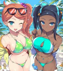 2girls armband beach belly_chain bikini black_hair blue_bikini blue_eyes blue_jacket blue_streak blue_swimsuit breasts chewtle clouds dive_ball earrings eyeshadow female female_only green_bikini green_swimsuit hair_flower heart_hair_ornament hoop_earrings jacket kasai_shin large_breasts looking_at_viewer makeup midriff multiple_girls navel necklace nessa_(pokemon) nintendo o-ring o-ring_bikini o-ring_swimsuit ocean orange_hair outside palm_trees pokeballs pokemon pokemon_(species) pokemon_ss ponytail side_ponytail sky sonia_(pokemon) streaked_hair sunglasses sunglasses_on_head swimsuit thigh_strap water yamper yellow_jacket