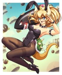 animal_ears banzai_bill black_footwear black_leotard black_nails blonde_hair blue_eyes bob-omb bowsette bracelet breasts brown_pantyhose cleavage collar covered_navel fake_animal_ears female high_heels highres jewelry large_breasts leotard long_hair looking_at_viewer mario_(series) new_super_mario_bros._u_deluxe nintendo oerba_yun_fang open_mouth pantyhose playboy_bunny pointy_ears ponytail rabbit_ears sirknightbot smile solo spiked_bracelet spiked_collar spikes super_crown super_mario_world tail thighband_pantyhose