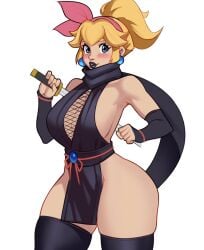 1girls 2024 black_legwear blonde_hair blue_eyes blush earrings female female_only hair_ribbon hi_res jakuson_z legwear lipstick looking_at_viewer mario_(series) ninja ninja_peach nintendo ponytail princess_peach princess_peach:_showtime! sideboob smiling smiling_at_viewer solo sword thick_thighs thigh_squish white_background