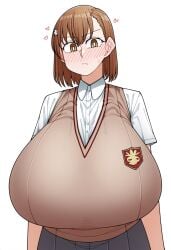 1girl 1girls ai_generated alternate_breast_size big_ears blush bow breast_expansion breasts_bigger_than_head brown_eyes brown_hair brown_sweater_vest emblem gigantic_breasts heart huge_breasts large_breasts looking_at_viewer medium_hair misaka_mikoto school_emblem school_uniform solo summer_uniform to_aru_kagaku_no_railgun to_aru_majutsu_no_index tokiwadai_school_uniform