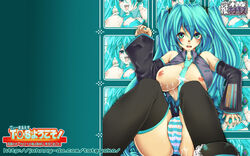 1girls 2d aqua_nails aqua_necktie areolae arm_tattoo artist_request bangs bare_shoulders black_skirt black_sleeves blue_hair blush collared_shirt color cum_on_breasts cum_on_clothes cum_on_necktie cum_on_thighhighs detached_sleeves eyebrows_visible_through_hair eyes_visible_through_hair female female_only green_eyes grey_shirt grey_tattoo hair hatsune_miku huge_breasts japanese_text light-skinned_female light_skin long_hair nails necktie nipples number_tattoo open_shirt panties pleated_skirt see-through see-through_clothing see-through_panties shirt skirt sleeveless sleeveless_shirt sleeves solo striped_panties tattoo text thighhighs translation_request twintails vocaloid