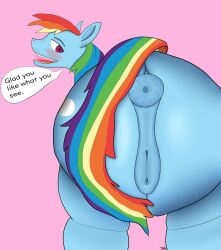 absurd_res animal_genitalia anus ass big_butt blush butt_focus cutie_mark ears_up equid equine eyebrows eyelashes female friendship_is_magic genitals hair hasbro hi_res horse mammal mane mlp_g4 multicolored_hair multicolored_mane multicolored_tail my_little_pony open_mouth purple_eyes pussy rainbow_dash_(mlp) rainbow_hair rainbow_mane rainbow_tail rear_view signature signature_artist_name smile smiling_at_viewer solo tail tertia thick_thighs