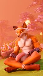 4k 9:16 abs absurd_res accessory anthro balls big_penis canid canine clothing crossed_legs dollymolly323 epic_games feet fennix_(fortnite) fortnite fox fur genitals gloves handwear headband hi_res looking_down male mammal multicolored_body muscular orange_body orange_fur outside pecs penis plant sitting solo sunset tree white_fur yellow_eyes