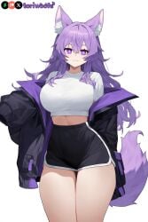 1girls :3 ai_generated big_breasts breasts curvy cute dog_ears dog_girl doggirl female female_focus female_only highres hips huge_boobs huge_breasts jacket kemonomimi light_skin light_skinned_female long_hair patreon_username petgirl purple_ears purple_eyes purple_hair purple_tail shorts sports_bra thick_thighs thighs tori toriwoofs watermark wavy_hair white_background white_skin white_skinned_female wide_hips wolf_ears